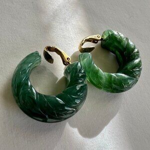 Vintage Avon Carved Green Lucite Chunky Hoop Estate Clip On Earrings